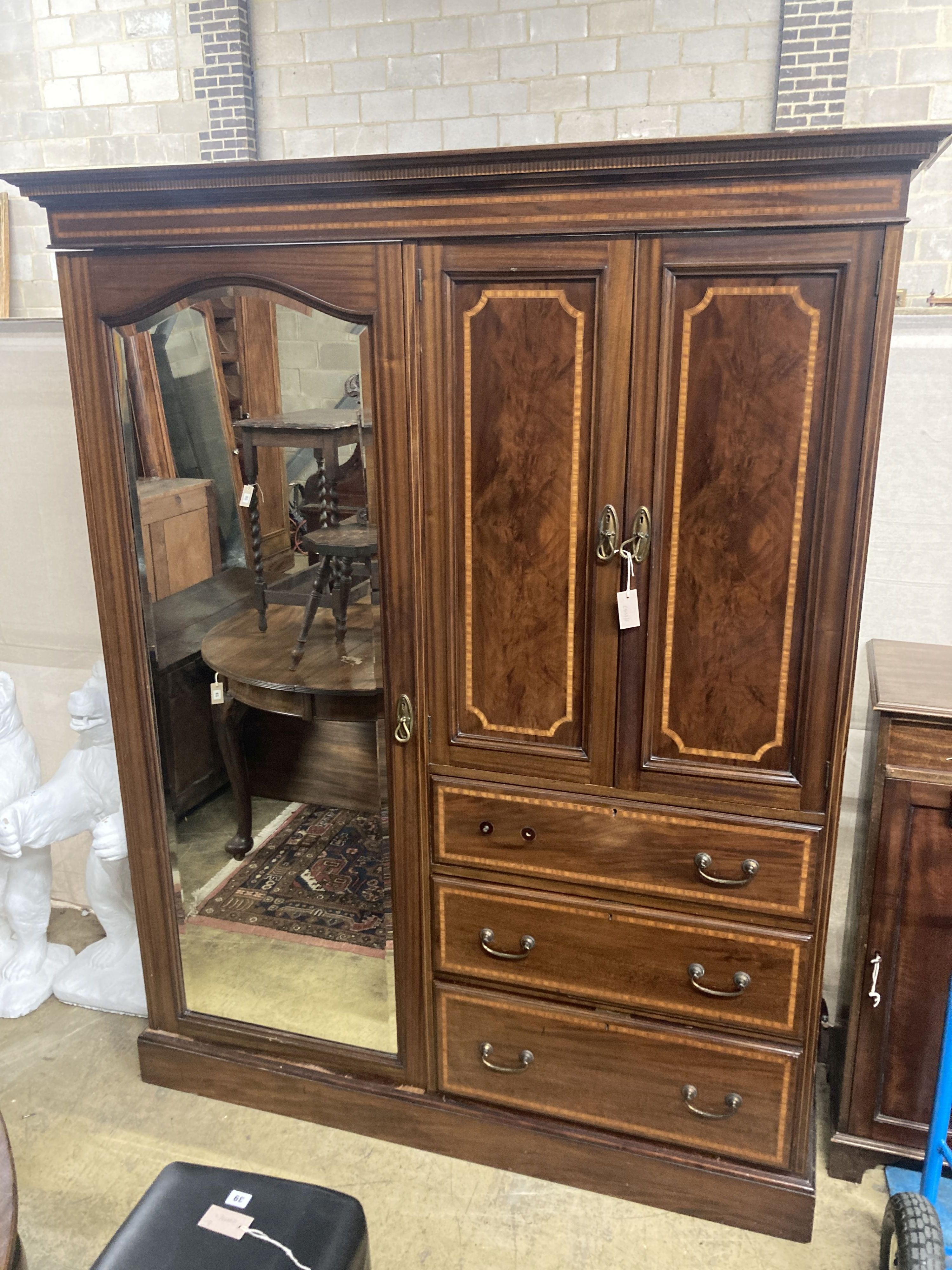 An Edwardian satinwood banded mahogany wardrobe, width 160cm, depth 56cm, height 206cm